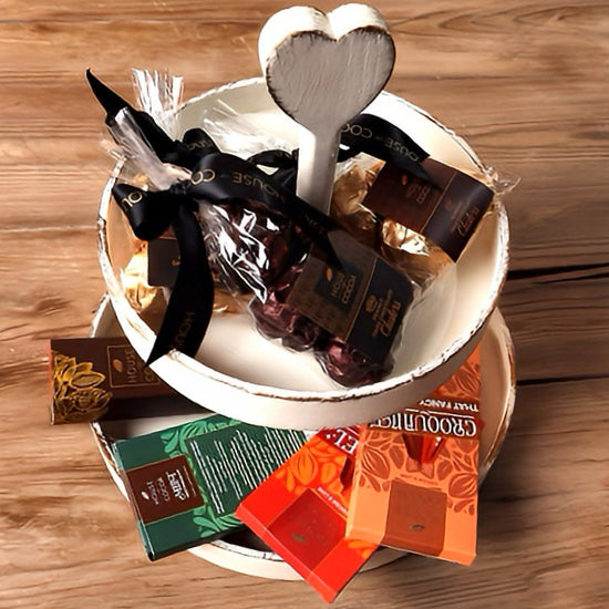 heart-topped two-tier wooden display tray