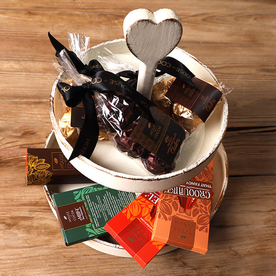 heart-topped two-tier wooden display tray